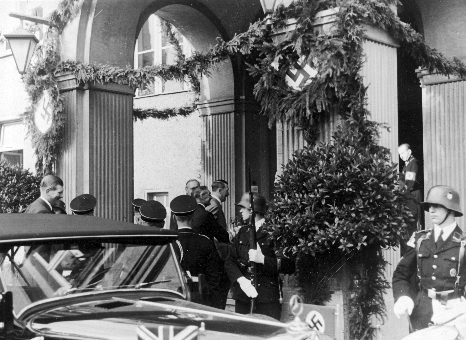 Adolf Hitler and Neville Chamberlain meet at the Hotel Rheinhotel Dreesen in Bad Godesberg